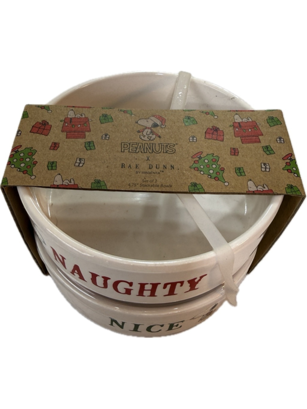 Rae Dunn Peanuts Snoopy Naughty Nice Dog Bowls Set Christmas Pet Feeding Dish - Picture 2 of 4